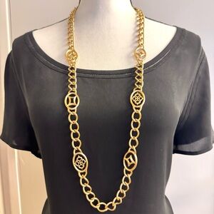 Vintage Monet Link Quatrefoil Necklace Belt Runway Brushed Gold Tone 39” Signed